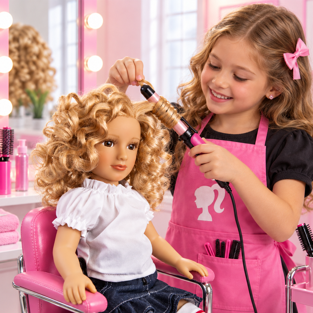 A child curling a My Salon Doll’s real hair with a styling tool