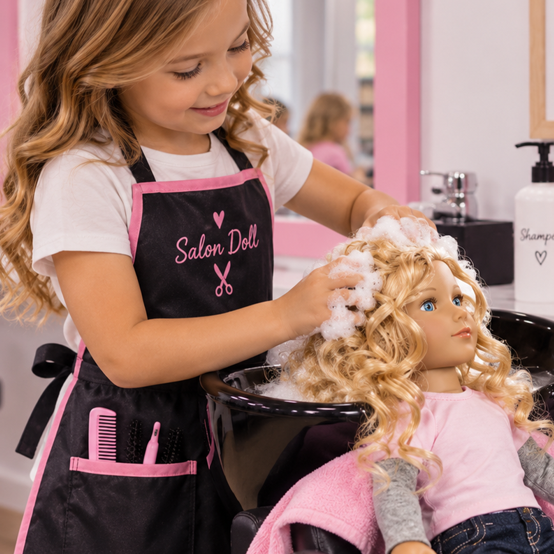 A child washing a My Salon Doll’s real hair at a salon sink
